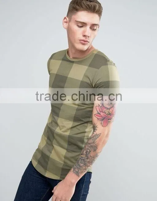 Longline T-Shirt With Curved Hem In Check Print