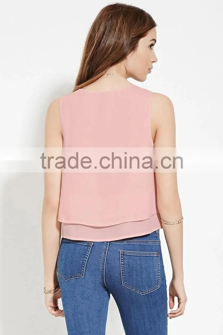 2016 guangzhou shandao oem service summer new design casual plain dyed sleeveless double layer women chiffon tops