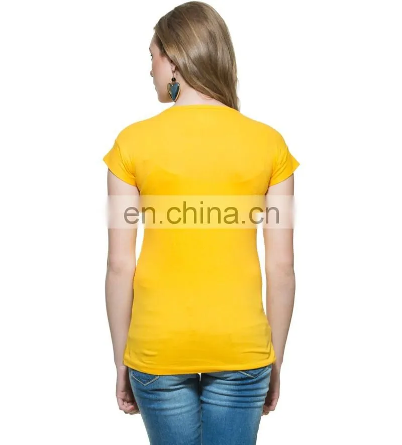 2015 New arrival wholesale garments customize made women top yellow elegant print fashionable hot t-shirt for girls