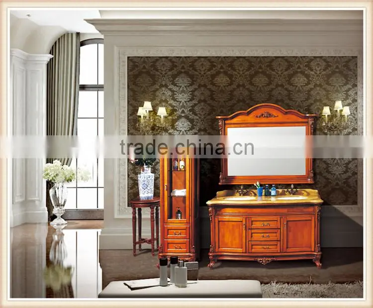 Brown color oak bathroom cabinet with marble top with mirror
