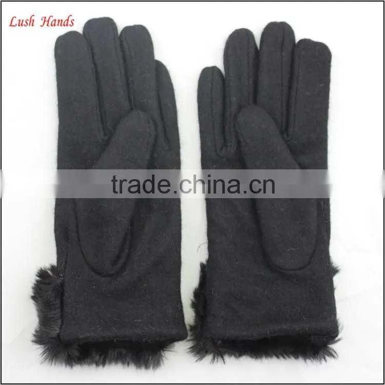 ladies winter warm black woolen hand gloves with fur wholesale
