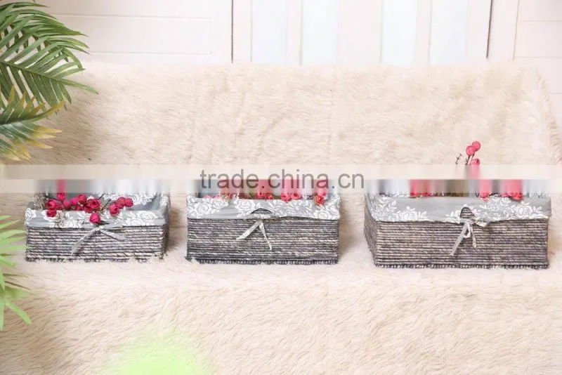 set of 3 maize husk storage baskets with lining -grey