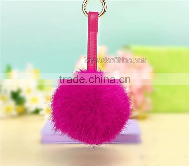 9cm Genuine Rex Rabbit Double Makeup Mirror Keychain Fur Ball Key Chain