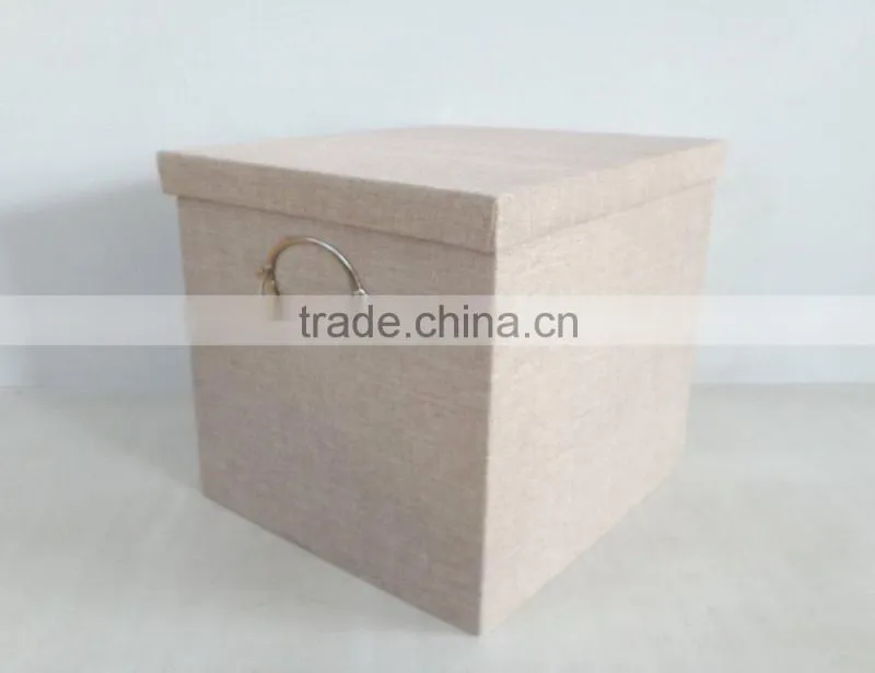 polyester ramie rectangle foldable storage box with sliver metal handle