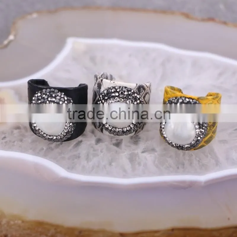 Natural Freshwater Pearl Ring, Snakeskin Rings, Pave Setting Crystal Jewelry Finger Gemstone Fashion Ring