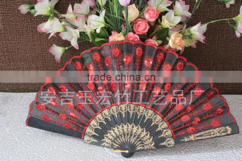 Plastic lace hand fan with embroidery peacock design