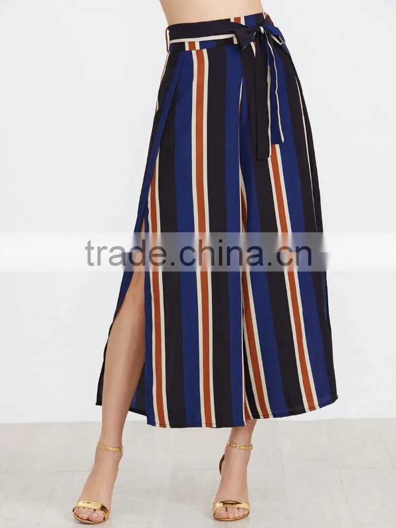 Vertical striped slit side wide leg with belt fashion pants for women