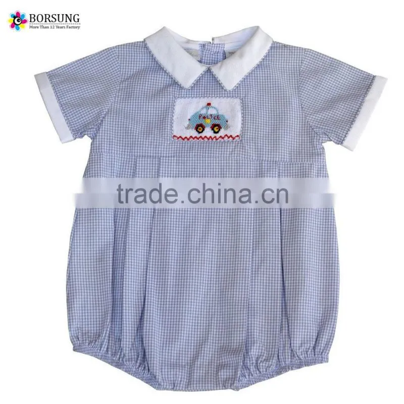 New design Blue lattice Baby Romper high quality cotton Cartoon embroidery boys Romper