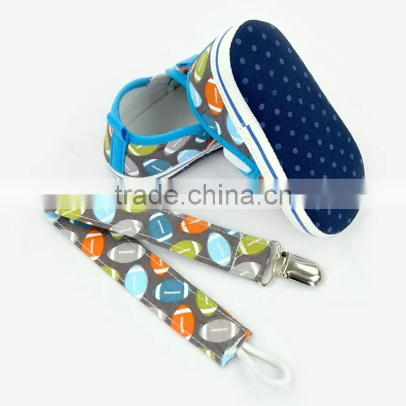 Stylish Rugby Pattern Newborn Blue Color Crib Shoes Baby Shoes Matching Pacifier Clip