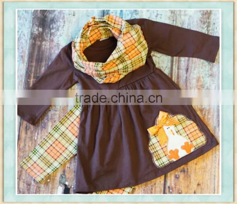 Adorable tunic set includes a top with turkey applique matching plaid leggings wholesale children's set forThanksgiving parties