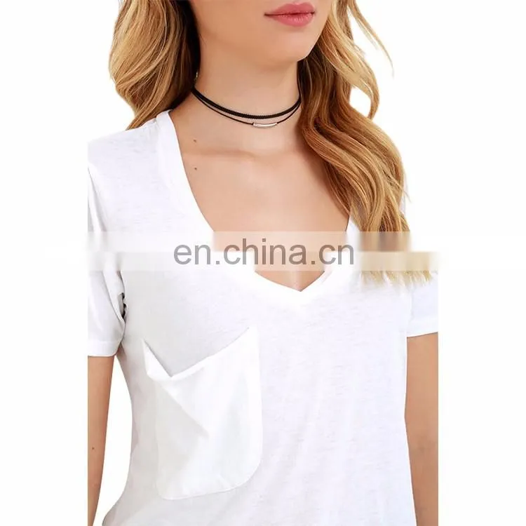China Factory Custom Printing Short Sleeve Girl Cotton T Shirt V-neck White Tee Woman Lady Shirt