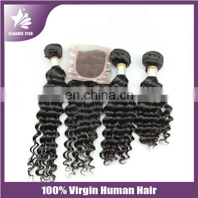 Super 4"*4" Filipino raw indian deep wave deep curl remy human hair weave with middle part lace closure