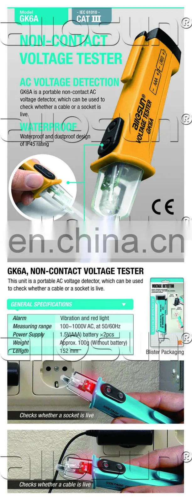 Non Contact AC Voltage Tester, Pen Voltage Detector 100~1000 Vac at 50/60Hz with Built-in flashlight and Vibrate hint