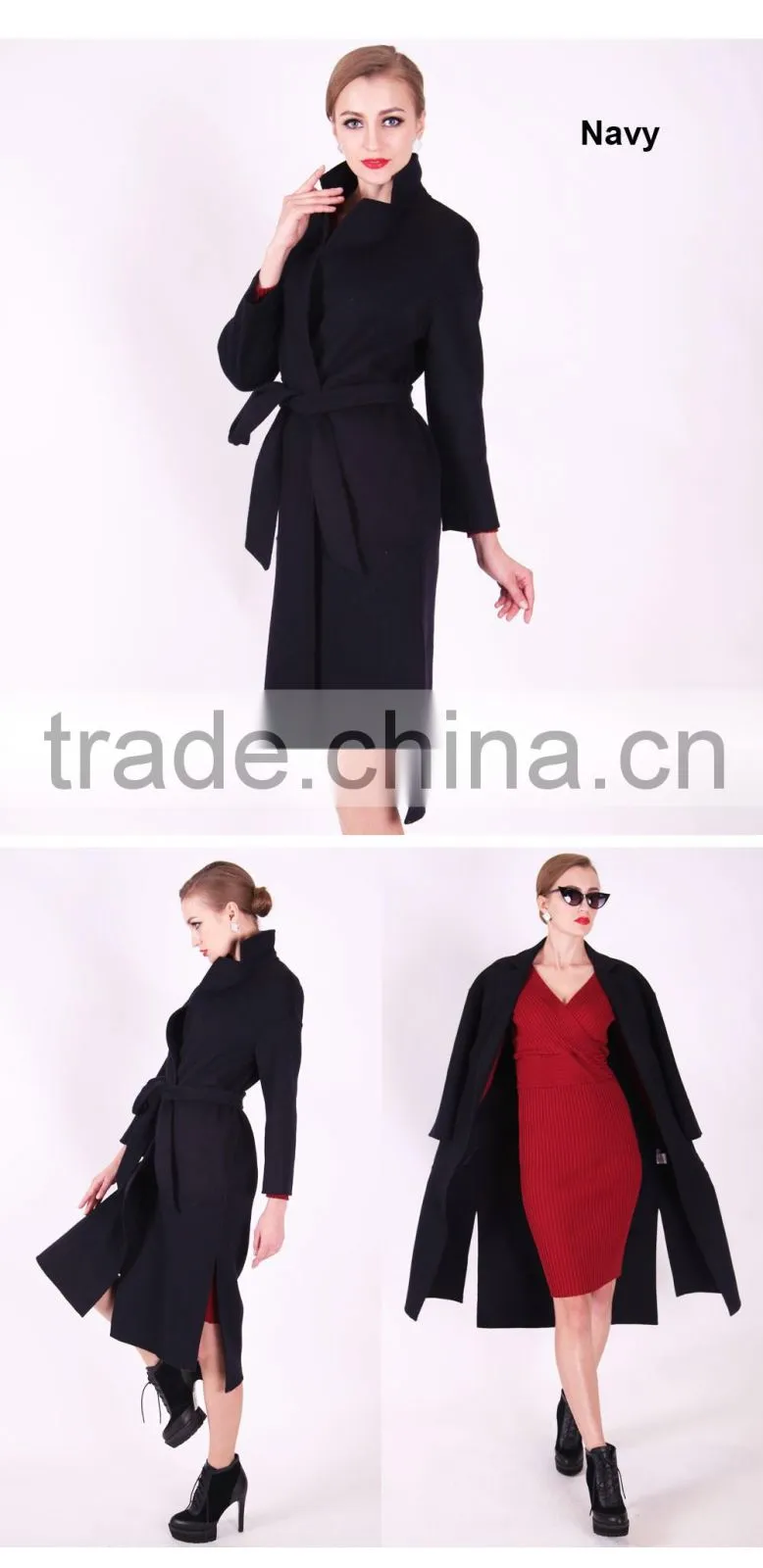 2016 New Design Spring Women Length Slim Fit Wool Trench Coat With Belt
