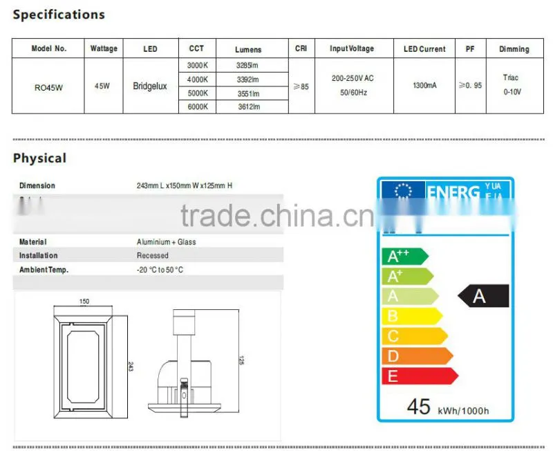 KWT LED Shop Lighting Adjustable COB LED Rectangular Downlight 30w/45w