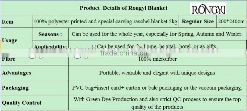 100% polyester printed and special carving raschel blanket 5kg