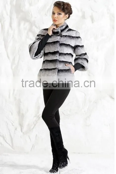 rex14066 2014 short style chinchilla rex rabbit fur jacket stand collar