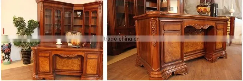 American style wooden bookshelf combination sideboard with glass door and handmade carving AI-202