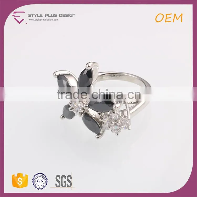 R63425K01 China wholesale jewelry silver plated with black coral stone ring designs black flower ring for women