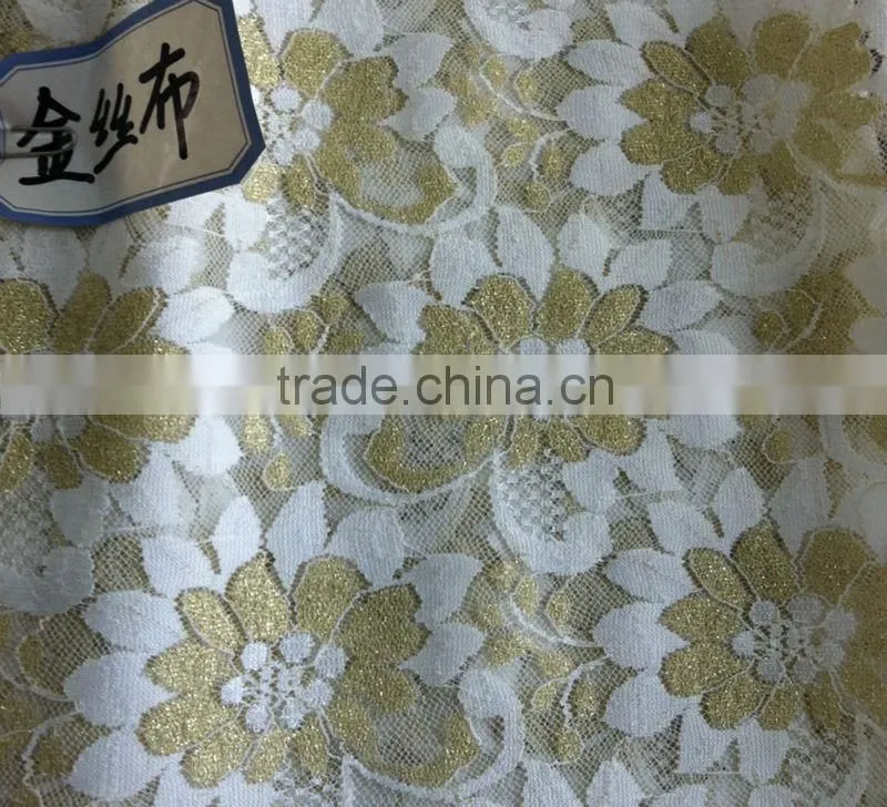 Golden silk floral bright nylon rayon lace fabric for wedding dress lace