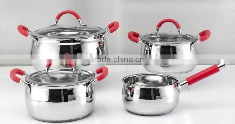 7Pcs stainless steel cookware with red silicone handle