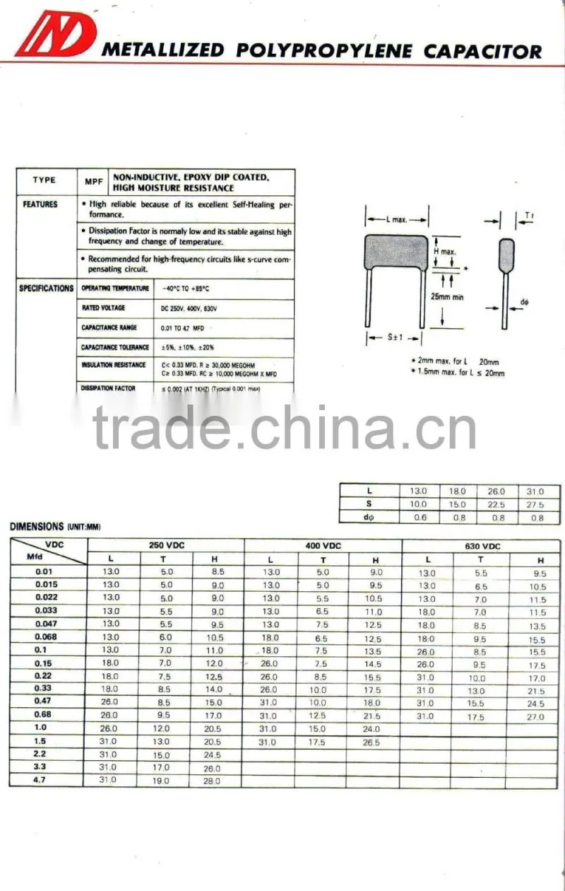 Polypropylene film MFD 0.01 to 4.7 capacitor
