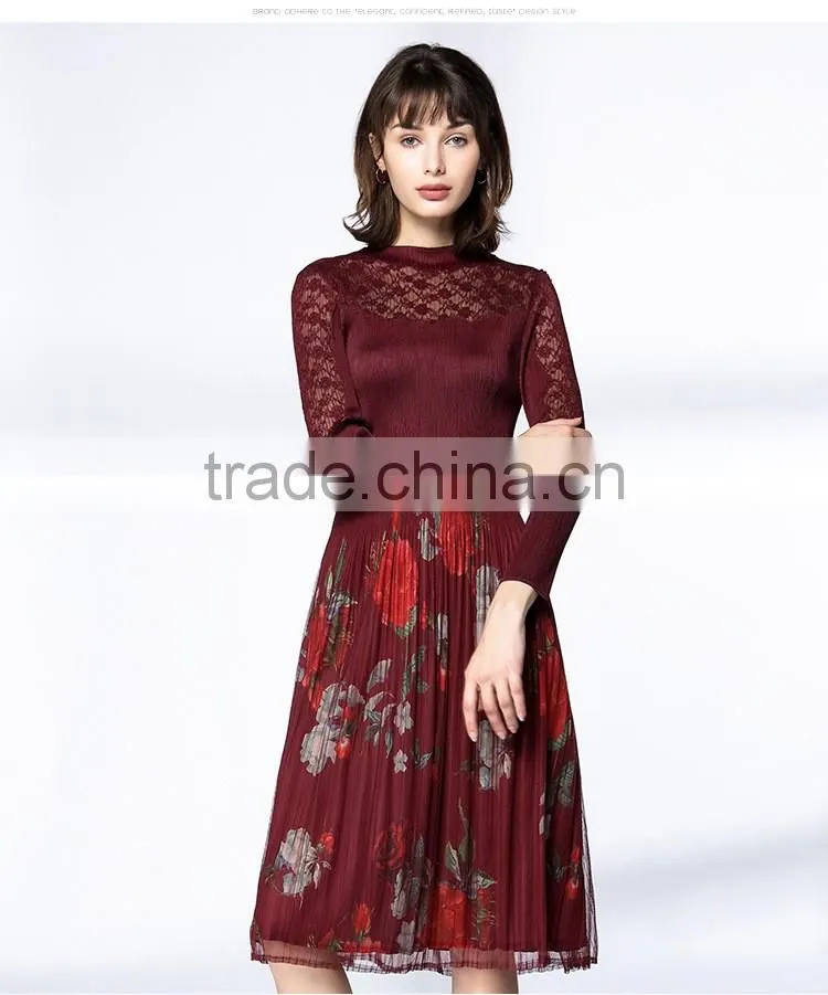 Pleat large sized spring lace splicing printed dress for women