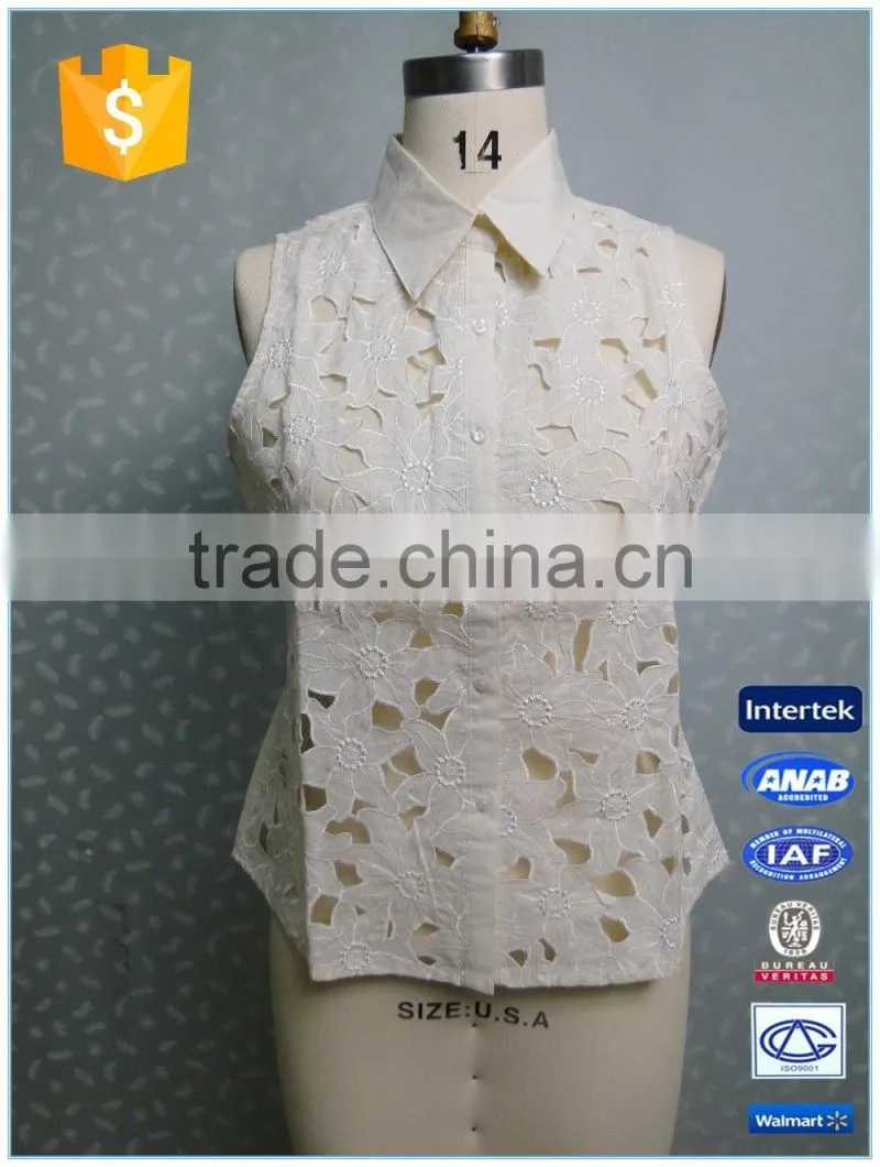 Ladies Sexy Cutwork Blouse Linen Sleeveless Shirt