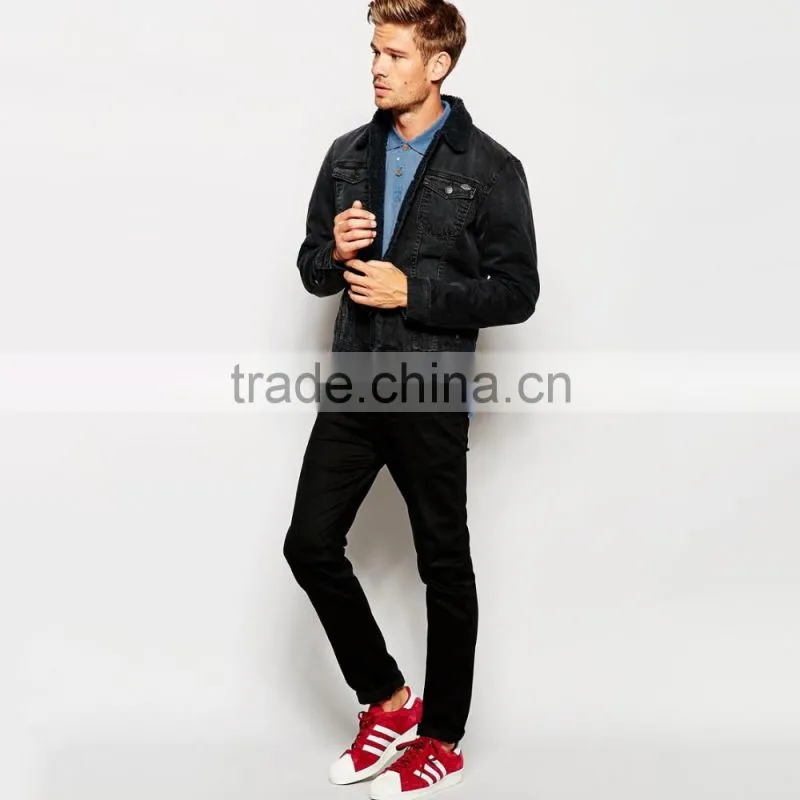 fashion wholesale mens black denim jacket with fleece collar