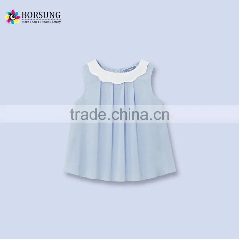 2017 wholesale fashion latest styles children clothes blue sleeveless ruffle designs blouse/shirts