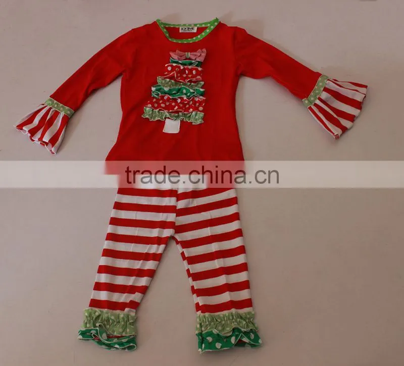 Wholesale baby sweet christmas tree pattern bounique ruffle kid's outfit set for baby