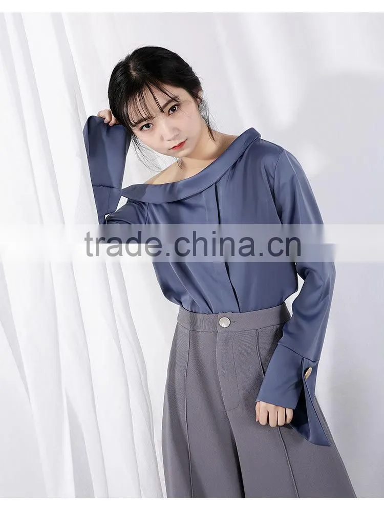 2017 autumn new style chiffon sexy collar diagonal shoulder long sleeve fashion blouse chiffon shirt
