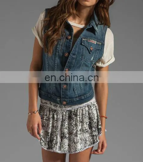 Ladies Fashion Studded Denim Vest - Clothing factories in China ( CV1002)