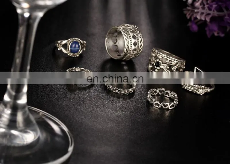 7pcs/set Retro Carved Gemstone Bohemian Gem Finger Knuckle Ring