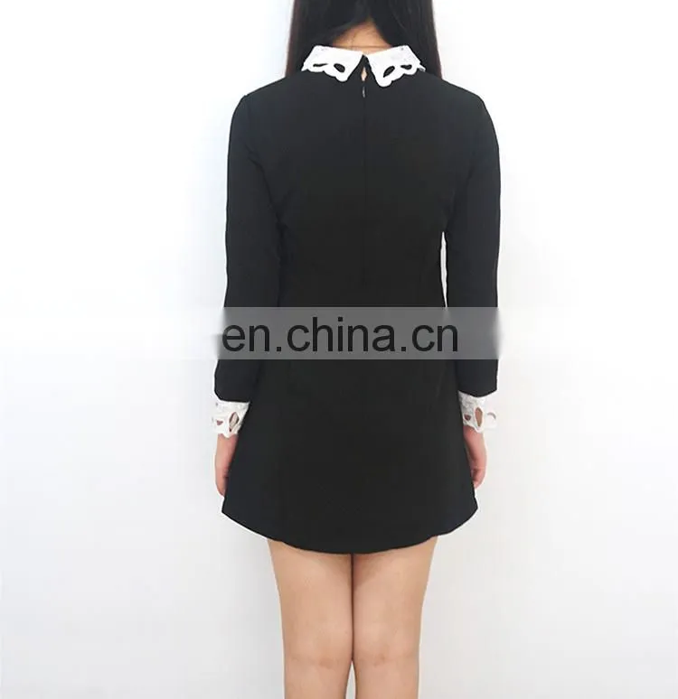 China Alibaba Wholesale OEM Washable Long Sleeve hollow lapel black dress