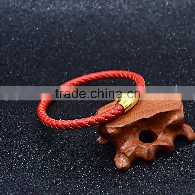 Fashion Stainless Steel Plated 18K Gold Clasp Red Leather Friendship Bracelet