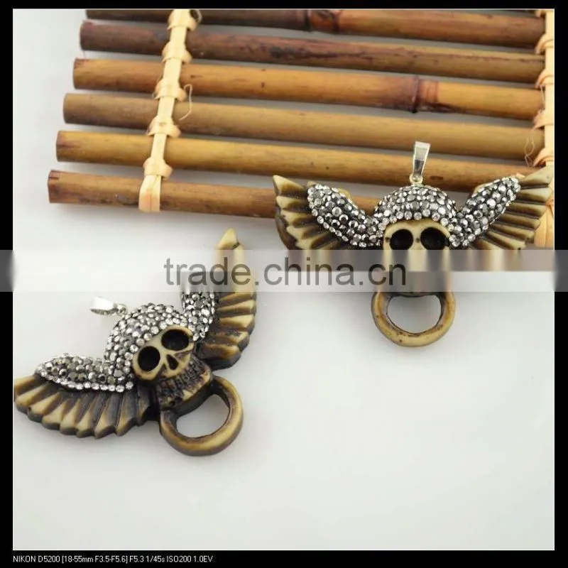 LFD-0097P ~ Wholesale Charm OX Bone Carved Skull Pendants Necklace Crystal Rhinestone Paved Pendant Jewelry Making