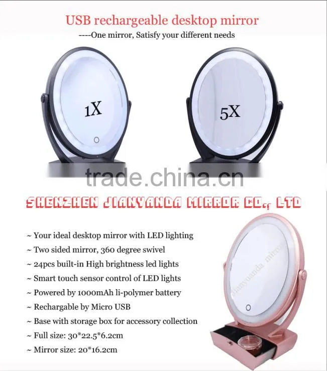 Touch screen lighted dressing table mirror with 5x and 10x magnifying mirror