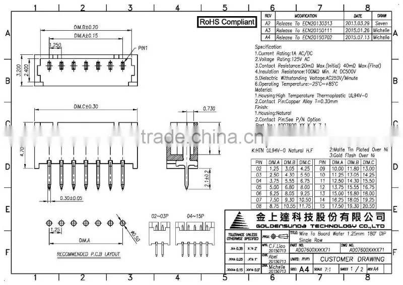 1.25mm Pitch 2 ~ 15 Pin Available Wire to Board DIP 3 Pin Connector