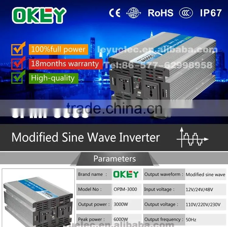 CE RoHS approved 3000w modified wave power inverer dc input 24v ac output 110v/220v with solar panel