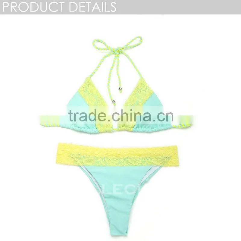 RELLECIGA 2016 Lace Collection -Mint Green + Yellow Floral Lace Bikini Swimsuit with Triangle Top and Brazilian Cut Scrunch Butt