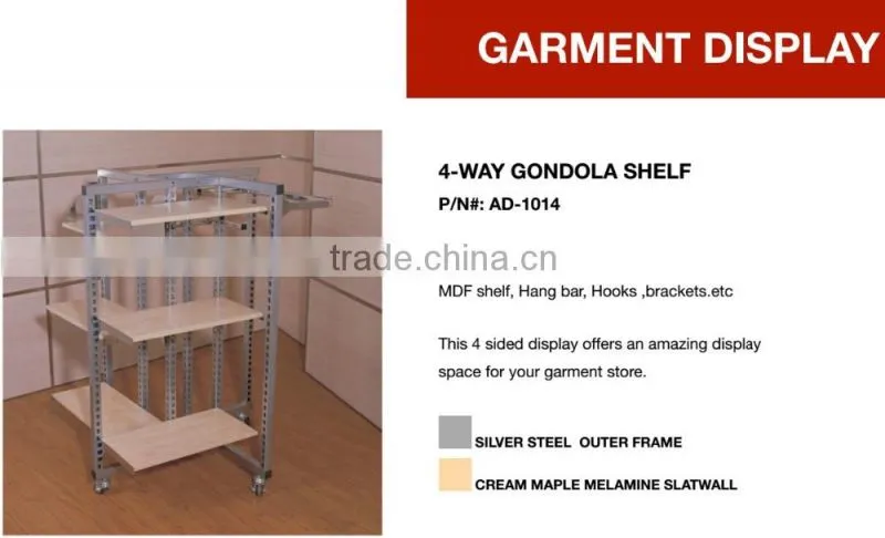 China Heavy Duty 4 Way Clothing Display Gondola With Maple MDF Shelf