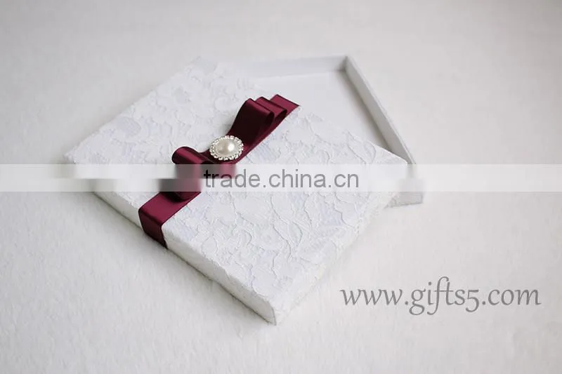 Excellent Lace Fabric Covered Wedding Invitation Boxes with pearl
