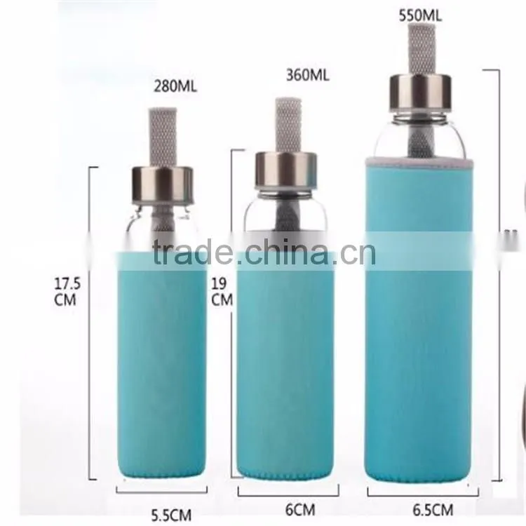 Top Level Quality Stylish Environmental Borosilicate Glass Water Bottle with Colorful Sleeve 280ml/360ml/550ml
