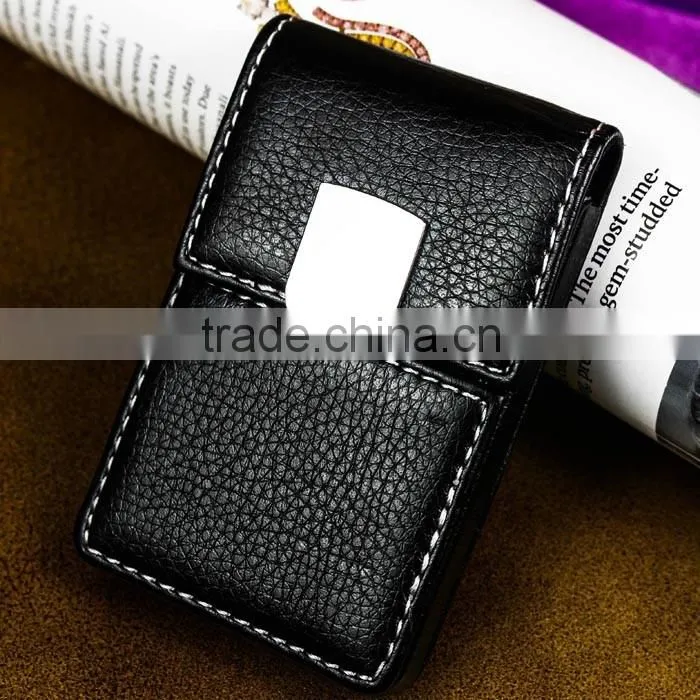 Vertical Black PU leather credit card holder with magnetic button closure and embossing LOGO