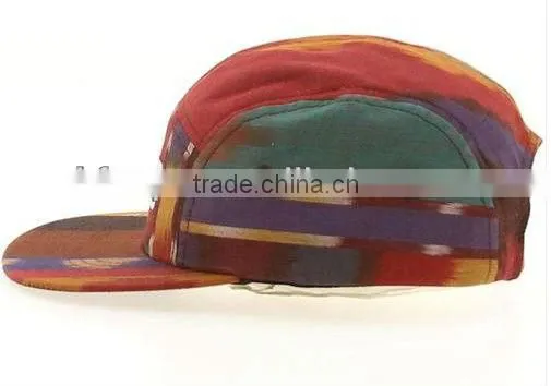 Cotton woven tag leather strap 5 panel flat brim hat
