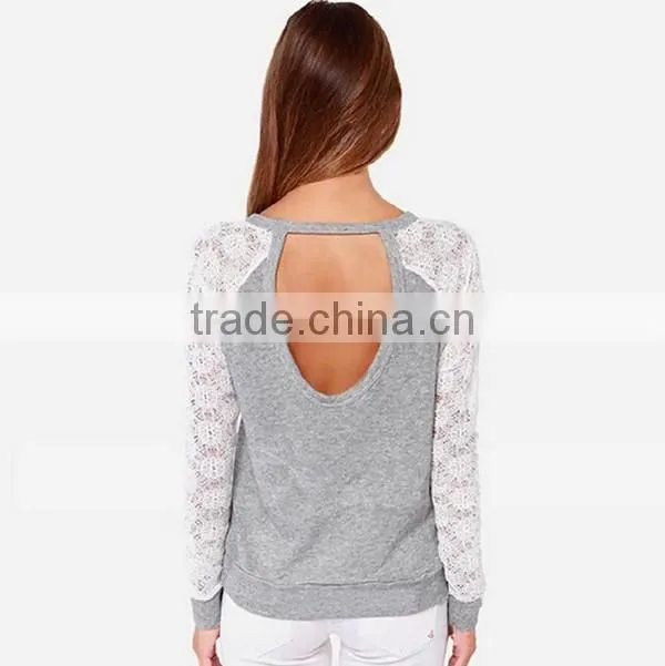 5 size choice women Grey fashion O neck Backless latest lace stitching Long sleeve t shirt design