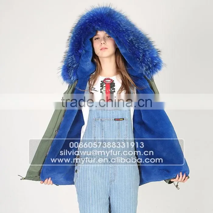 Myfur Luxury High Quality Faux Fur Lining Raccoon Fur Hooded Mini Parka Jackets