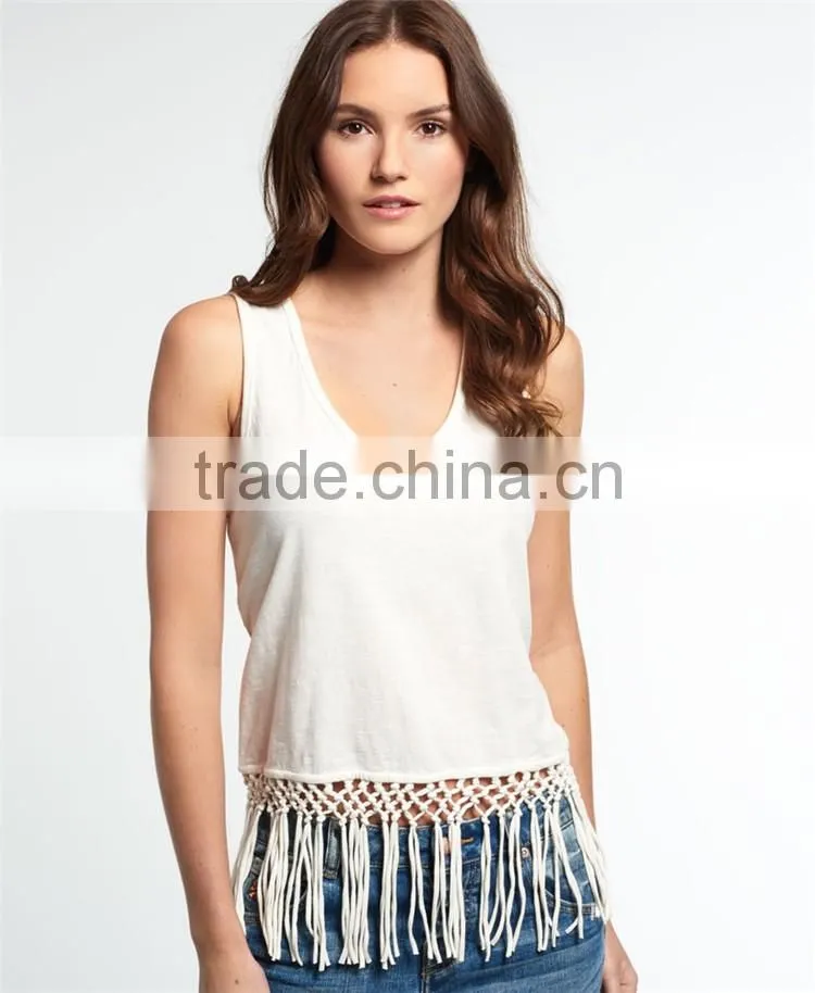 2016 Guangzhou Shandao Fashion Design Summer Casual Sleeveless Tassels Bottom Round Neck White Cotton New Style Top For Girls
