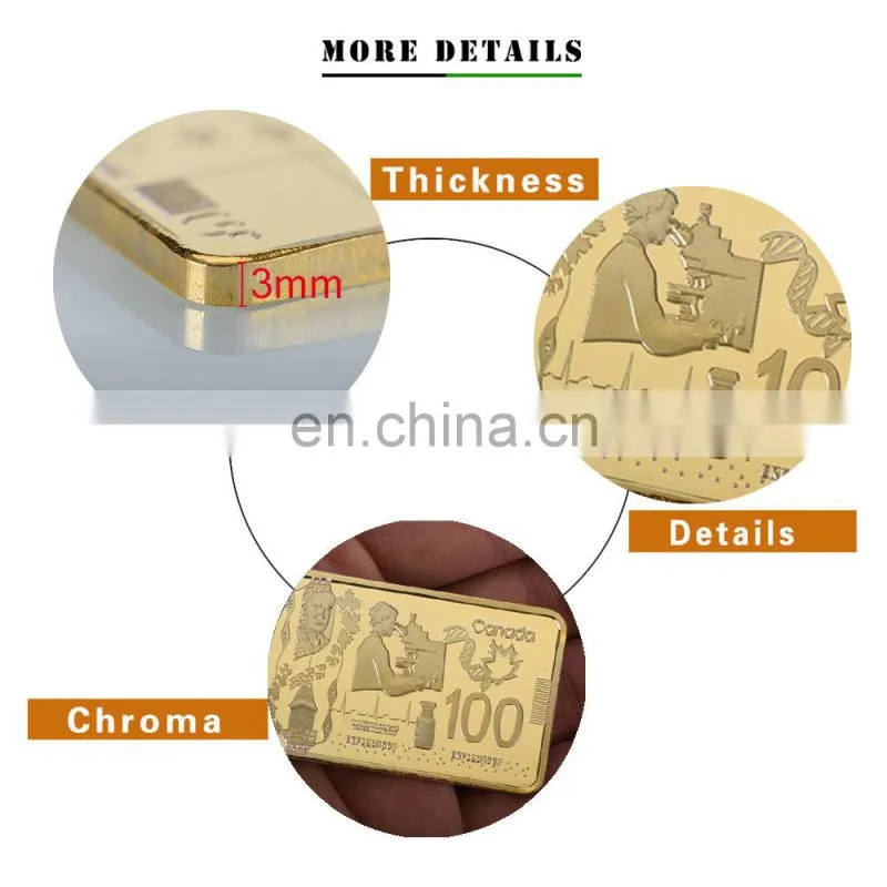 WR 100 Canadian Dollar Quality 24k Gold Plated Bar Metal Crafts with Plastic Case for Home Collection